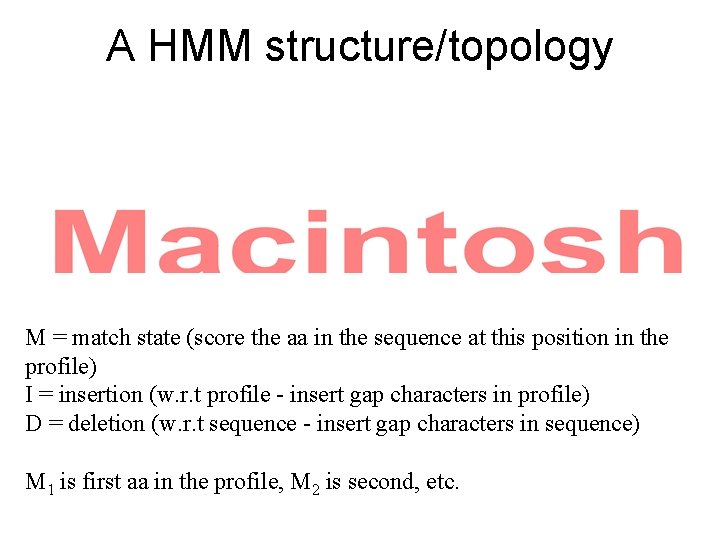 A HMM structure/topology M = match state (score the aa in the sequence at
