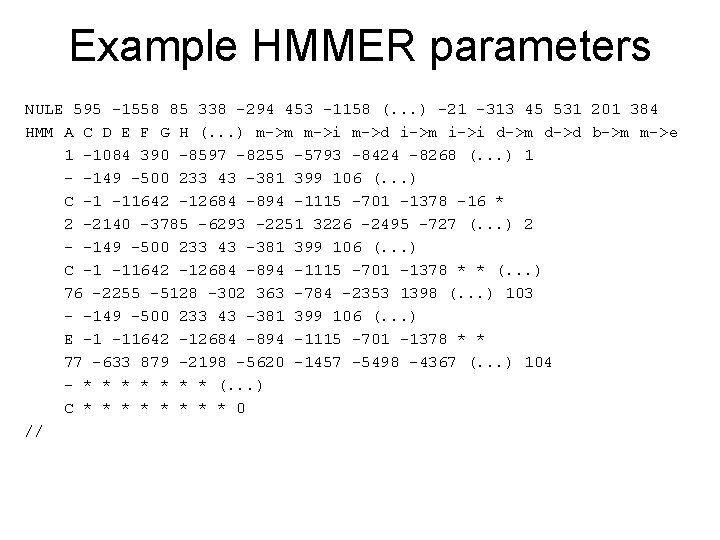 Example HMMER parameters NULE 595 -1558 85 338 -294 453 -1158 (. . .