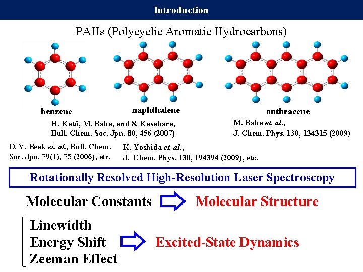 Introduction PAHs (Polycyclic Aromatic Hydrocarbons) benzene naphthalene H. Katô, M. Baba, and S. Kasahara,