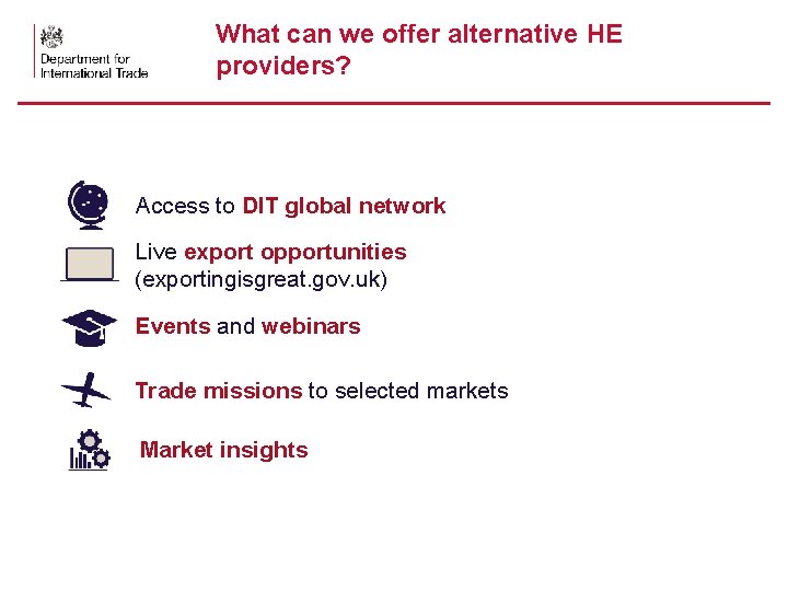 What can we offer alternative HE providers? Access to DIT global network Live export