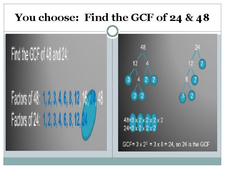 You choose: Find the GCF of 24 & 48 