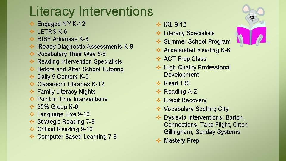 Literacy Interventions v v v v Engaged NY K-12 LETRS K-6 RISE Arkansas K-6