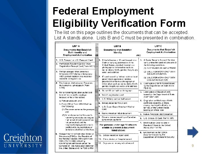 Federal Employment Eligibility Verification Form The list on this page outlines the documents that