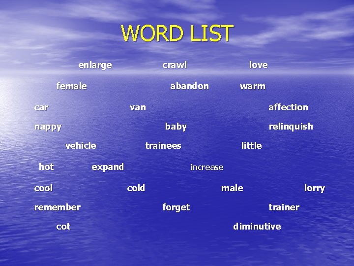 WORD LIST enlarge crawl female abandon car love warm van nappy affection baby vehicle