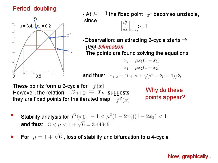 Period doubling - At since the fixed point becomes unstable, > -Observation: an attracting