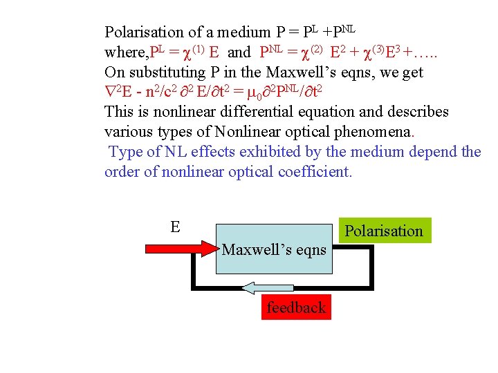 Polarisation of a medium P = PL +PNL where, PL = (1) E and