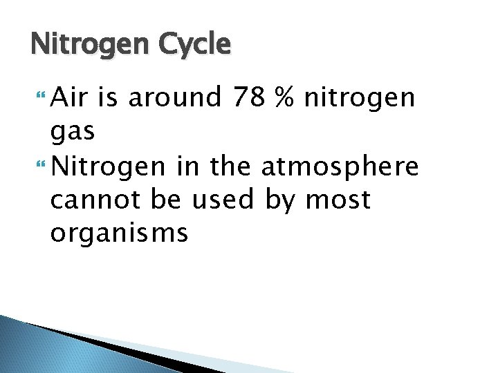 Nitrogen Cycle Air is around 78 % nitrogen gas Nitrogen in the atmosphere cannot Nitrogen Cycle Air is around 78 % nitrogen gas Nitrogen in the atmosphere cannot