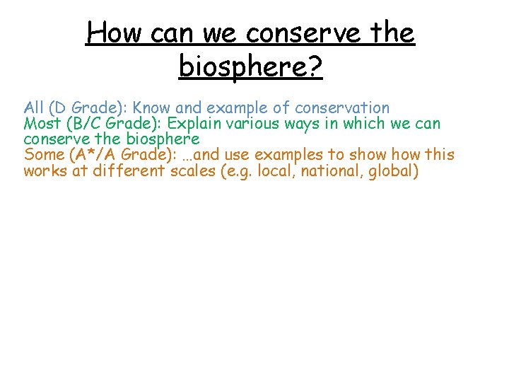 How can we conserve the biosphere? All (D Grade): Know and example of conservation