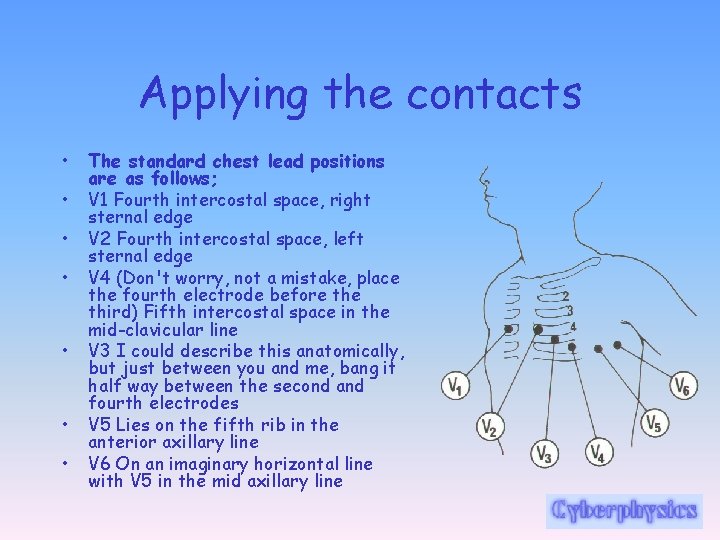 Applying the contacts • • The standard chest lead positions are as follows; V