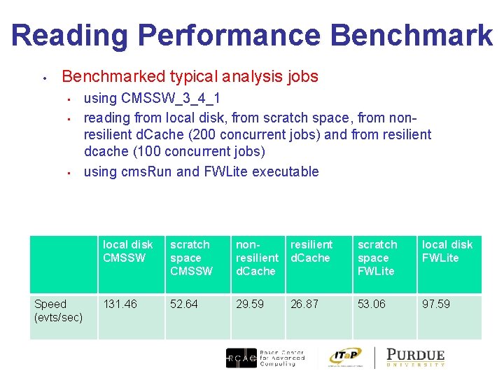 Reading Performance Benchmark • Benchmarked typical analysis jobs • • • Speed (evts/sec) using