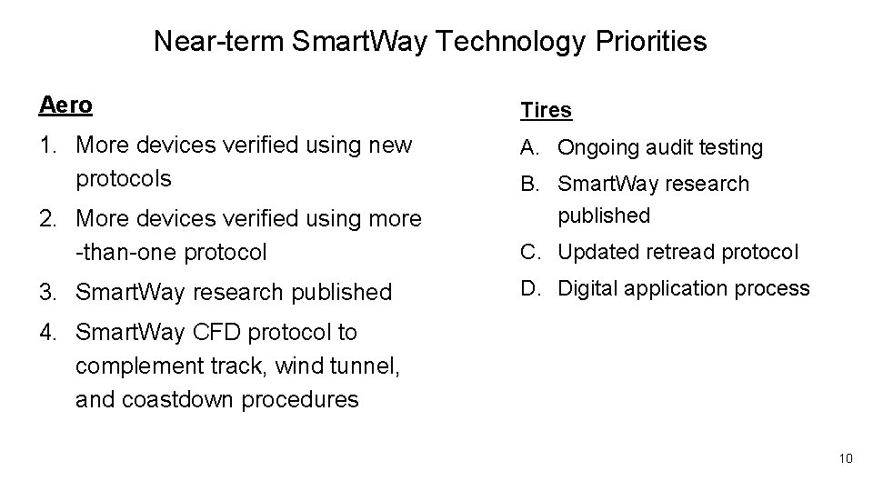 Near-term Smart. Way Technology Priorities Aero Tires 1. More devices verified using new protocols