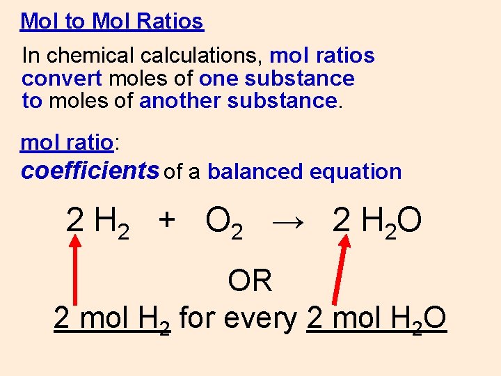 Mol to Mol Ratios In chemical calculations, mol ratios convert moles of one substance