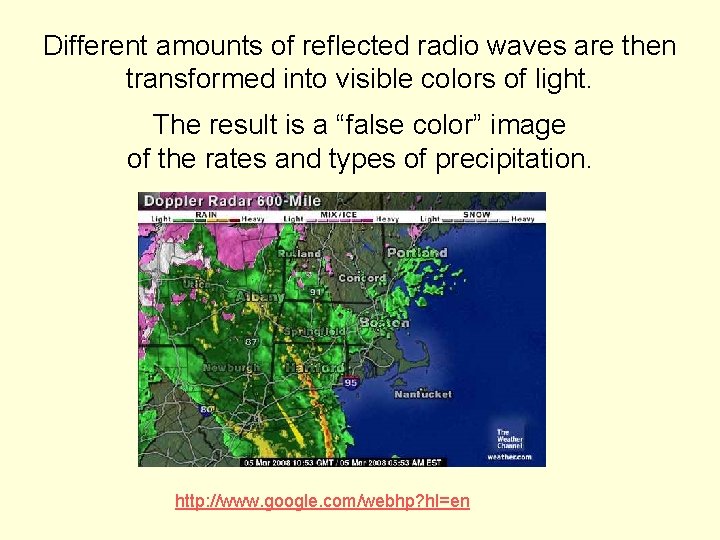 Different amounts of reflected radio waves are then transformed into visible colors of light.