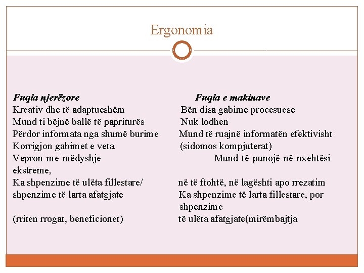 Ergonomia Fuqia njerëzore Kreativ dhe të adaptueshëm Mund ti bëjnë ballë të papriturës Përdor