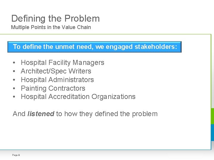 Defining the Problem Multiple Points in the Value Chain To define the unmet need, Defining the Problem Multiple Points in the Value Chain To define the unmet need,