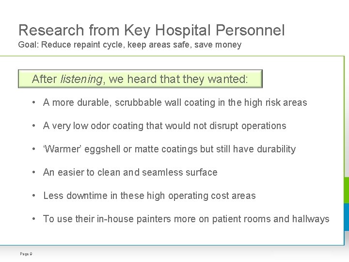 Research from Key Hospital Personnel Goal: Reduce repaint cycle, keep areas safe, save money Research from Key Hospital Personnel Goal: Reduce repaint cycle, keep areas safe, save money