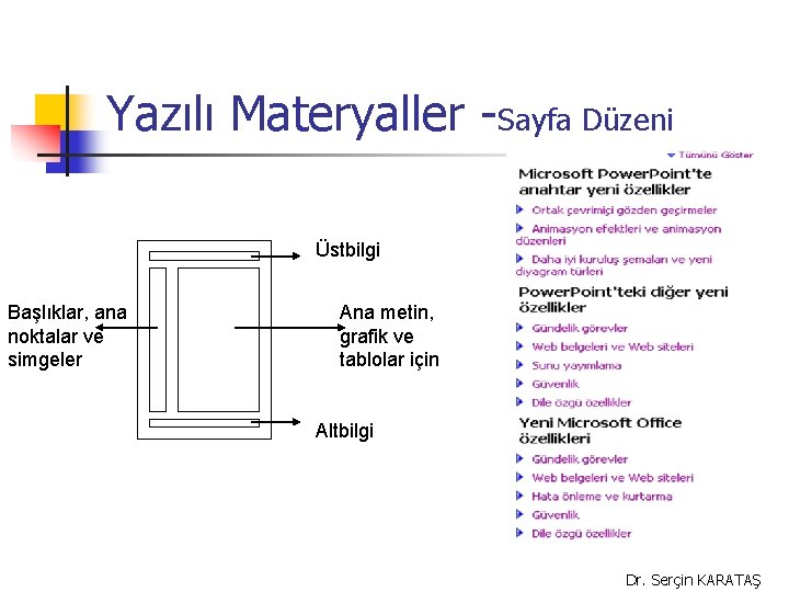 Yazılı Materyaller -Sayfa Düzeni Üstbilgi Başlıklar, ana noktalar ve simgeler Ana metin, grafik ve