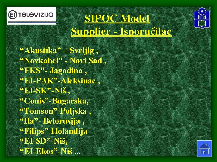 SIPOC Model Supplier - Isporučilac “Akustika” – Svrljig , “Novkabel” - Novi Sad ,