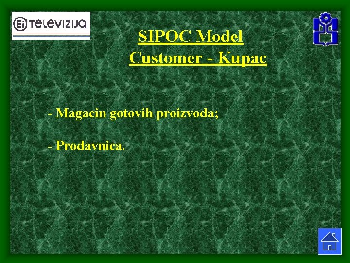 SIPOC Model Customer - Kupac - Magacin gotovih proizvoda; - Prodavnica. SIPOC Model Customer - Kupac - Magacin gotovih proizvoda; - Prodavnica.
