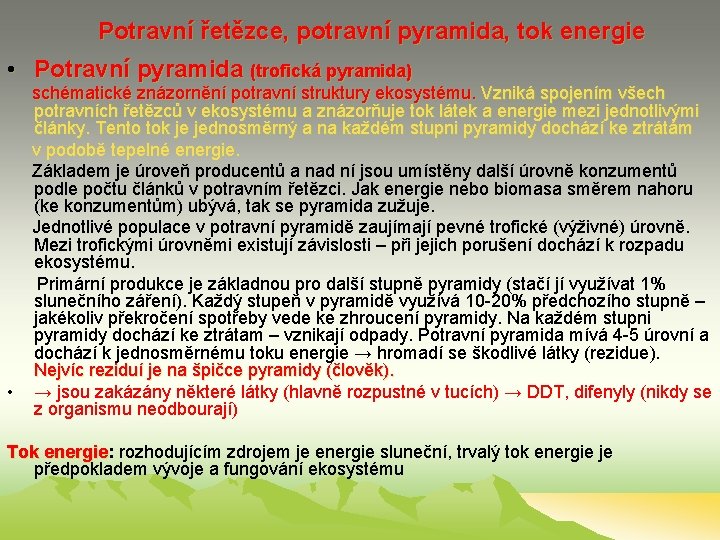 Potravní řetězce, potravní pyramida, tok energie • Potravní pyramida (trofická pyramida) • schématické znázornění