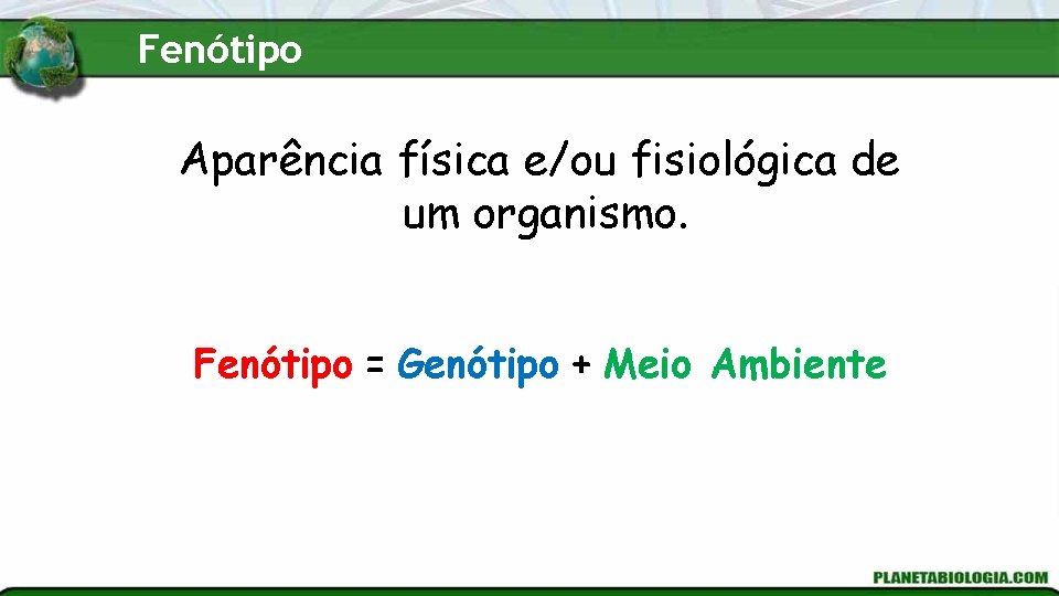 Fenótipo Aparência física e/ou fisiológica de um organismo. Fenótipo = Genótipo + Meio Ambiente Fenótipo Aparência física e/ou fisiológica de um organismo. Fenótipo = Genótipo + Meio Ambiente