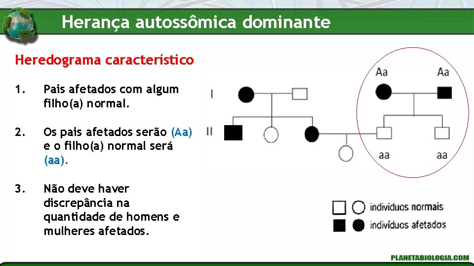 Herança autossômica dominante Heredograma característico 1. Pais afetados com algum filho(a) normal. 2. Os