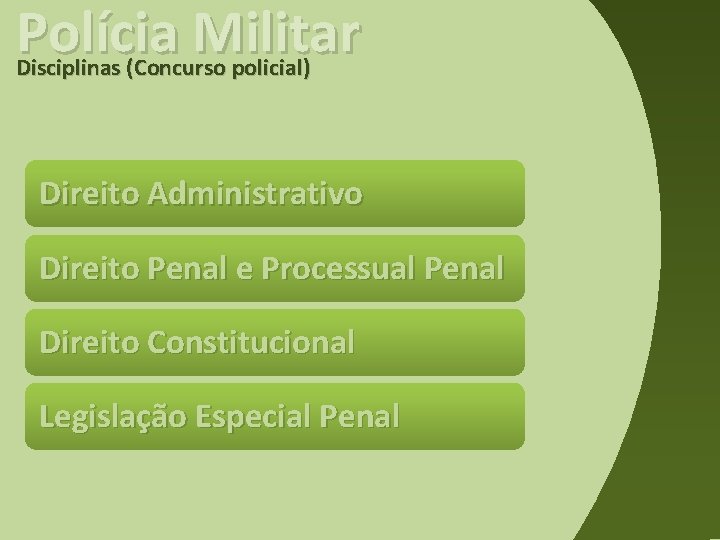 Polícia Militar Disciplinas (Concurso policial) Direito Administrativo Direito Penal e Processual Penal Direito Constitucional