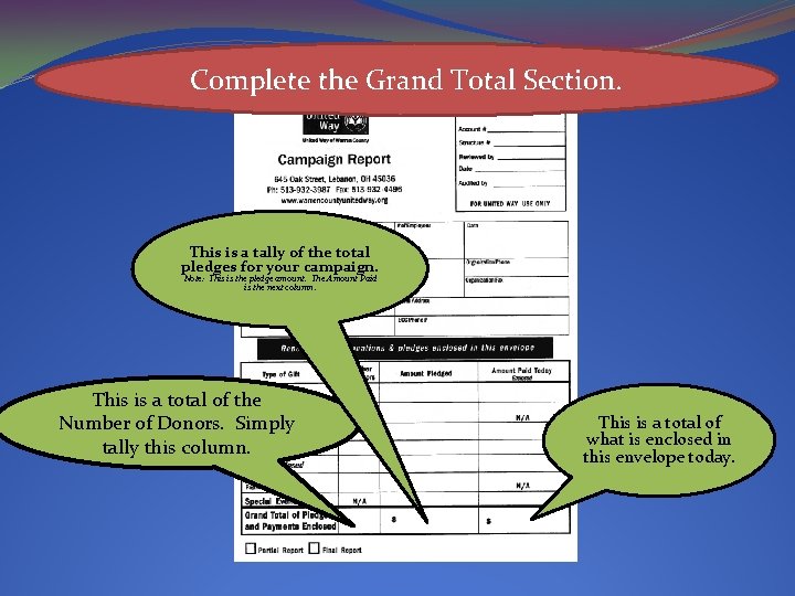 Complete the Grand Total Section. This is a tally of the total pledges for