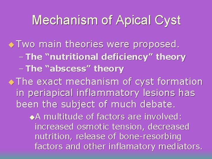 Mechanism of Apical Cyst u Two main theories were proposed. – The “nutritional deficiency”