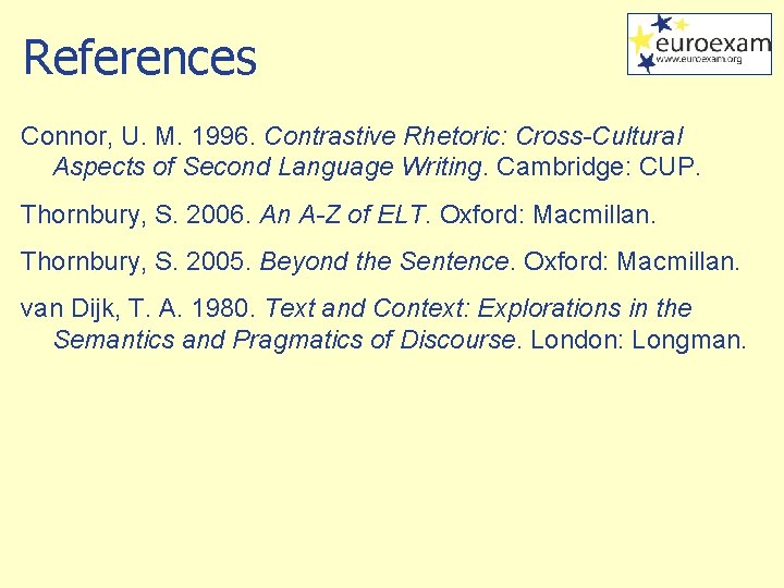 References Connor, U. M. 1996. Contrastive Rhetoric: Cross-Cultural Aspects of Second Language Writing. Cambridge: