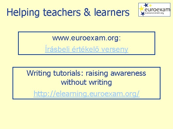 Helping teachers & learners www. euroexam. org: Írásbeli értékelő verseny Writing tutorials: raising awareness