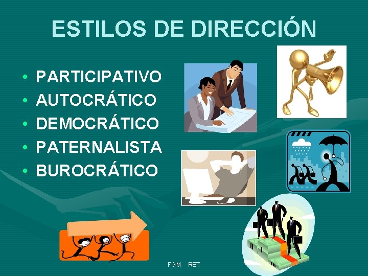 ESTILOS DE DIRECCIÓN • • • PARTICIPATIVO AUTOCRÁTICO DEMOCRÁTICO PATERNALISTA BUROCRÁTICO FGM RET 