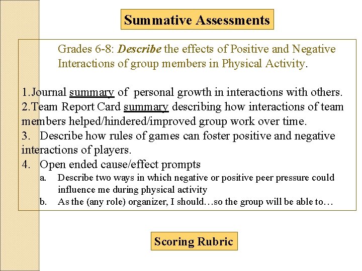 Summative Assessments Grades 6 -8: Describe the effects of Positive and Negative Interactions of