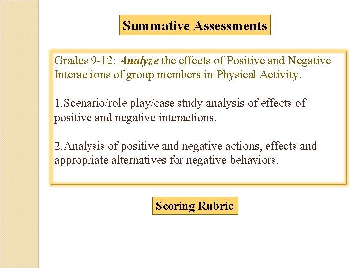 Summative Assessments Grades 9 -12: Analyze the effects of Positive and Negative Interactions of