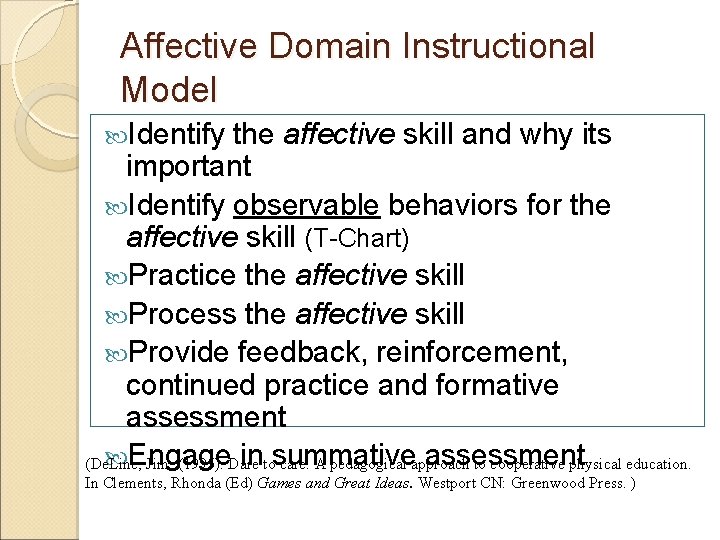 Affective Domain Instructional Model Identify the affective skill and why its important Identify observable