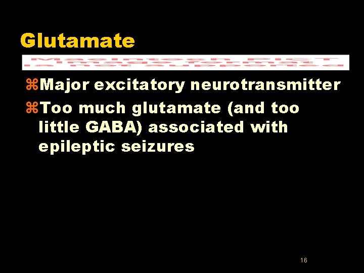 Glutamate z. Major excitatory neurotransmitter z. Too much glutamate (and too little GABA) associated Glutamate z. Major excitatory neurotransmitter z. Too much glutamate (and too little GABA) associated