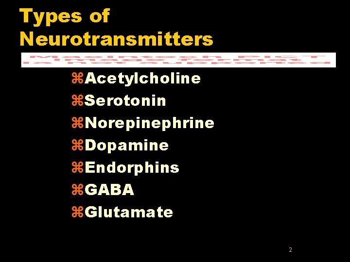 Types of Neurotransmitters z. Acetylcholine z. Serotonin z. Norepinephrine z. Dopamine z. Endorphins z.
