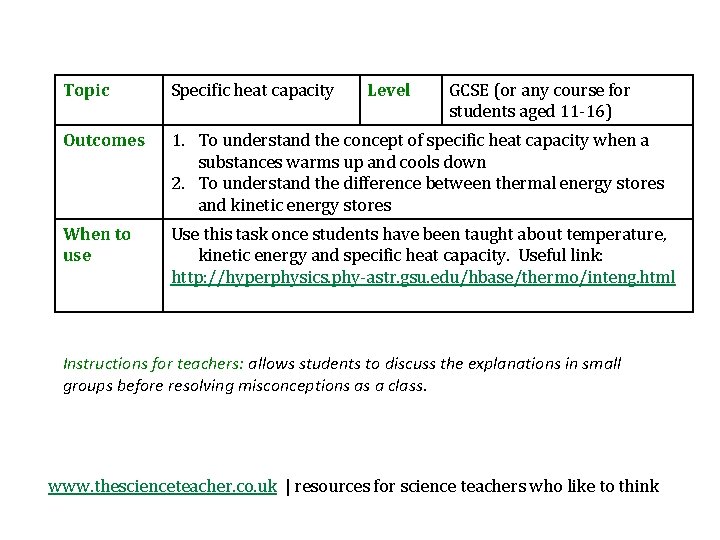 Topic Specific heat capacity Level GCSE (or any course for students aged 11 -16)