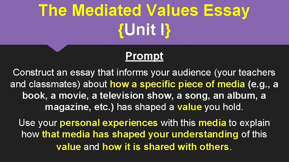 The Mediated Values Essay {Unit I} Prompt Construct an essay that informs your audience