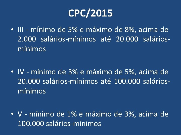 CPC/2015 • III - mínimo de 5% e máximo de 8%, acima de 2.