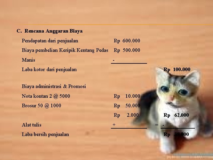 C. Rencana Anggaran Biaya Pendapatan dari penjualan Rp 600. 000 Biaya pembelian Keripik Kentang