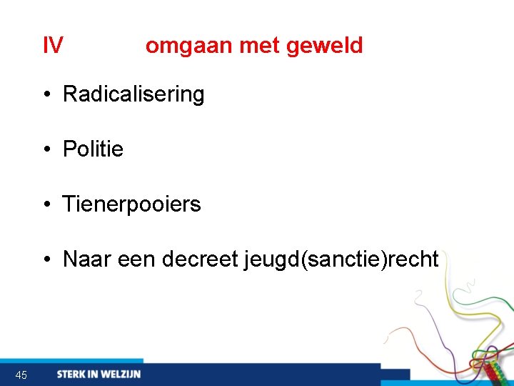 IV omgaan met geweld • Radicalisering • Politie • Tienerpooiers • Naar een decreet