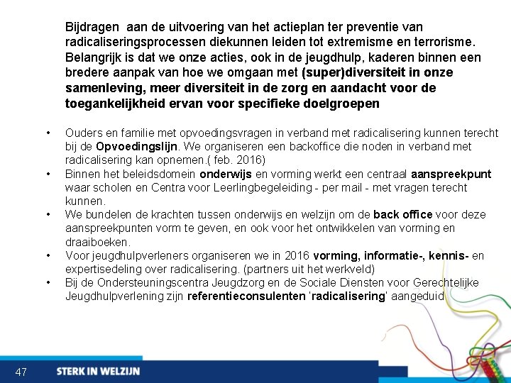 Bijdragen aan de uitvoering van het actieplan ter preventie van radicaliseringsprocessen diekunnen leiden tot