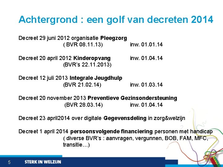 Achtergrond : een golf van decreten 2014 Decreet 29 juni 2012 organisatie Pleegzorg (