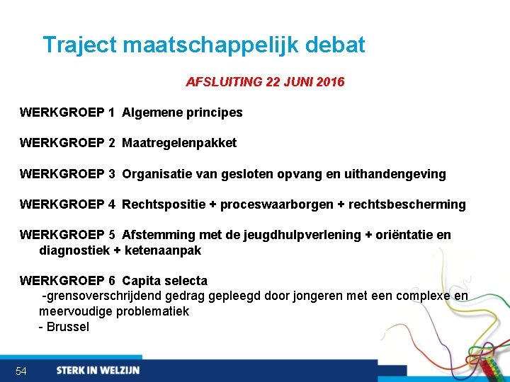 Traject maatschappelijk debat AFSLUITING 22 JUNI 2016 WERKGROEP 1 Algemene principes WERKGROEP 2 Maatregelenpakket