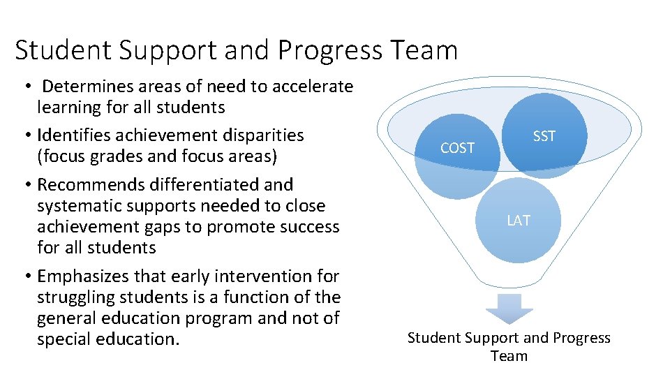 Student Support and Progress Team • Determines areas of need to accelerate learning for