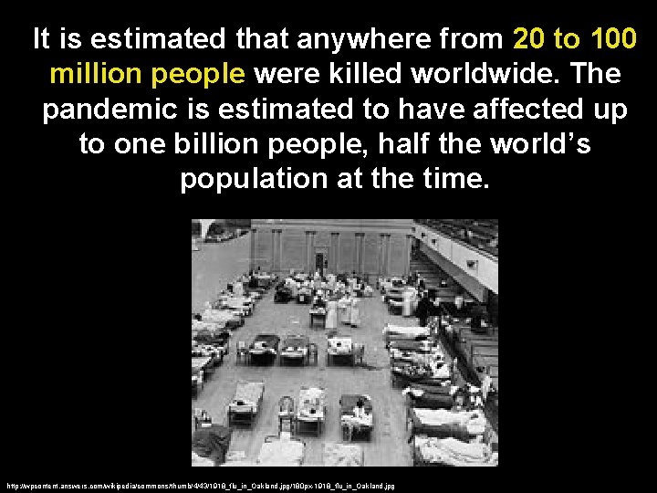 It is estimated that anywhere from 20 to 100 million people were killed worldwide.