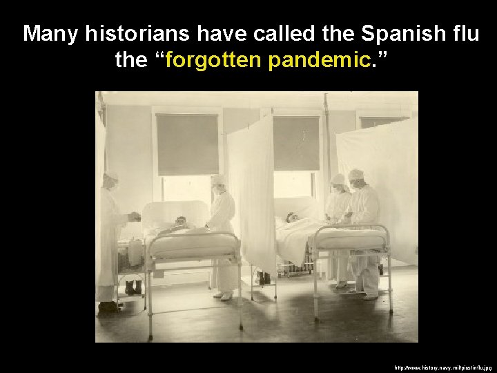 Many historians have called the Spanish flu the “forgotten pandemic. ” http: //www. history.
