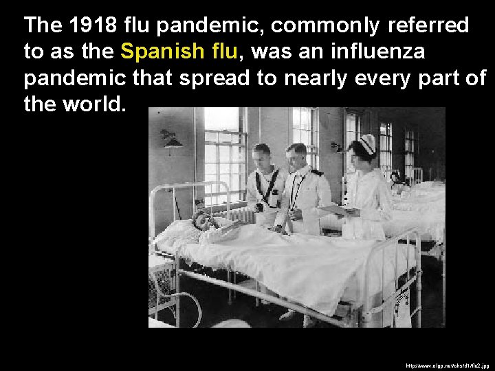 The 1918 flu pandemic, commonly referred to as the Spanish flu, was an influenza