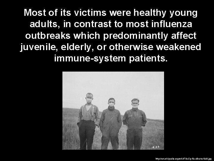 Most of its victims were healthy young adults, in contrast to most influenza outbreaks